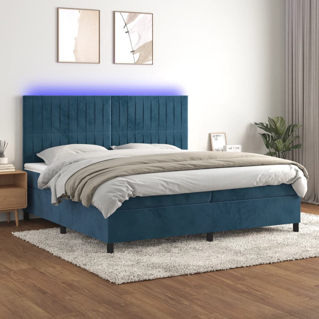 Box Spring Postel S Matrací A Led Tmavě Modrá Samet Tmavě Moddrá