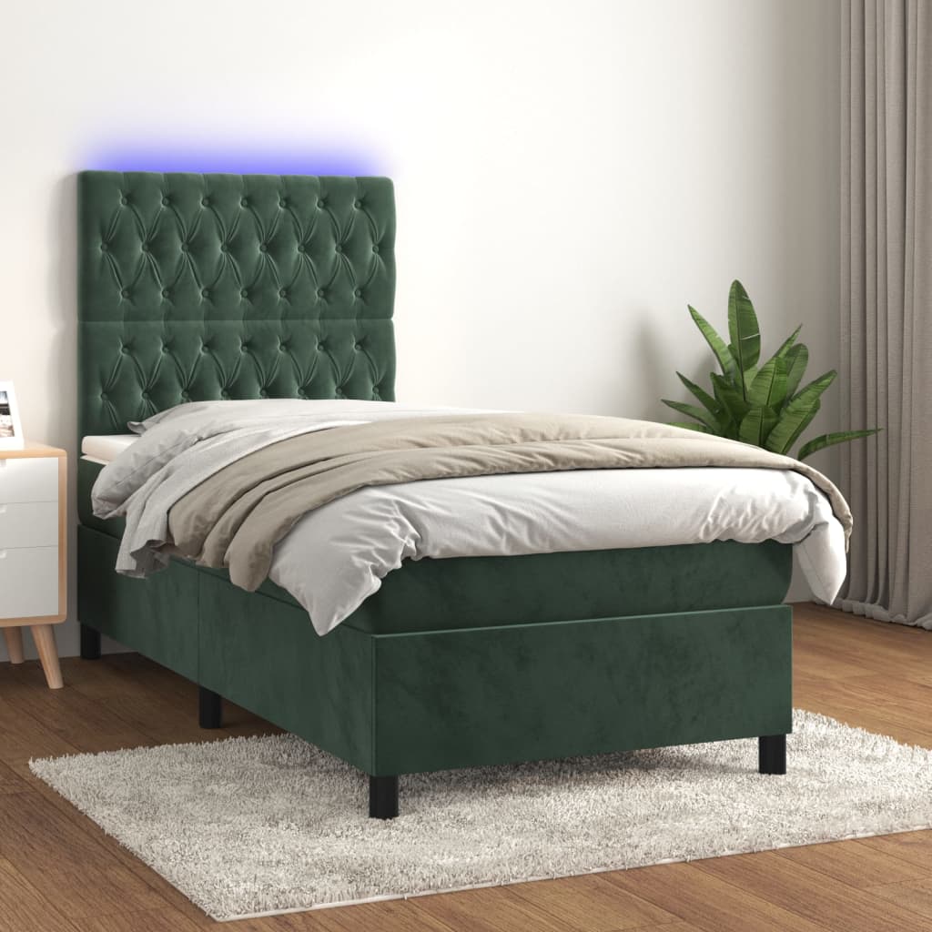 Box Spring Postel S Matrací A Led Samet Tmavě Zelená
