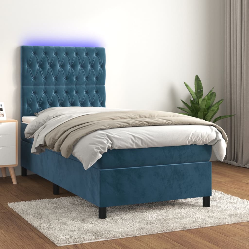 Box Spring Postel S Matrací A Led Tmavě Modrá Samet Tmavě Moddrá
