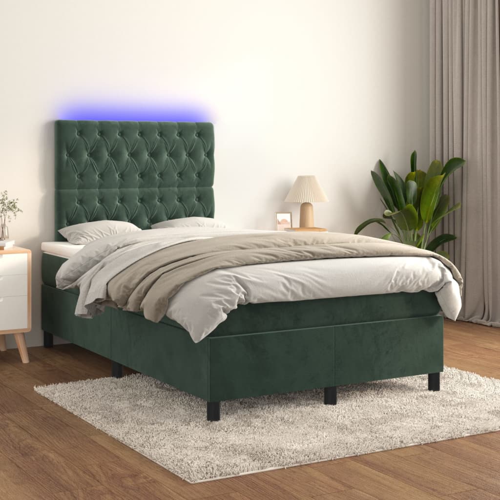 Box Spring Postel S Matrací A Led Samet Tmavě Zelená