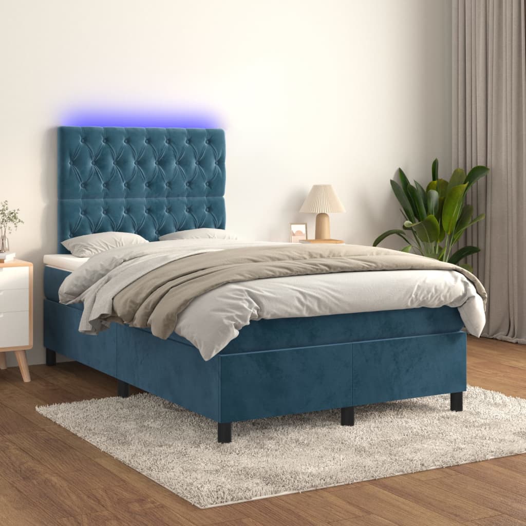 Box Spring Postel S Matrací A Led Tmavě Modrá Samet Tmavě Moddrá