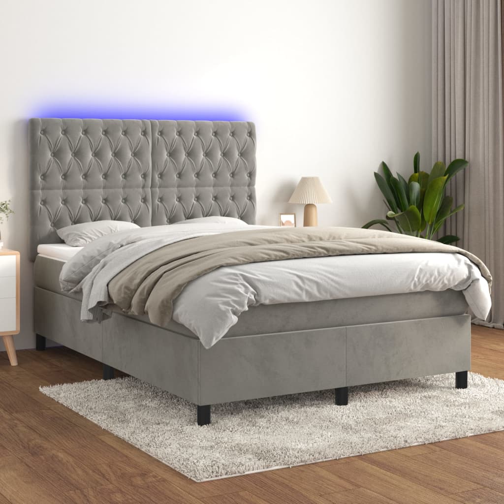 Box Spring Postel S Matrací A Led Samet Světle Šedá