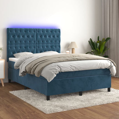 Box Spring Postel S Matrací A Led Tmavě Modrá Samet Tmavě Moddrá