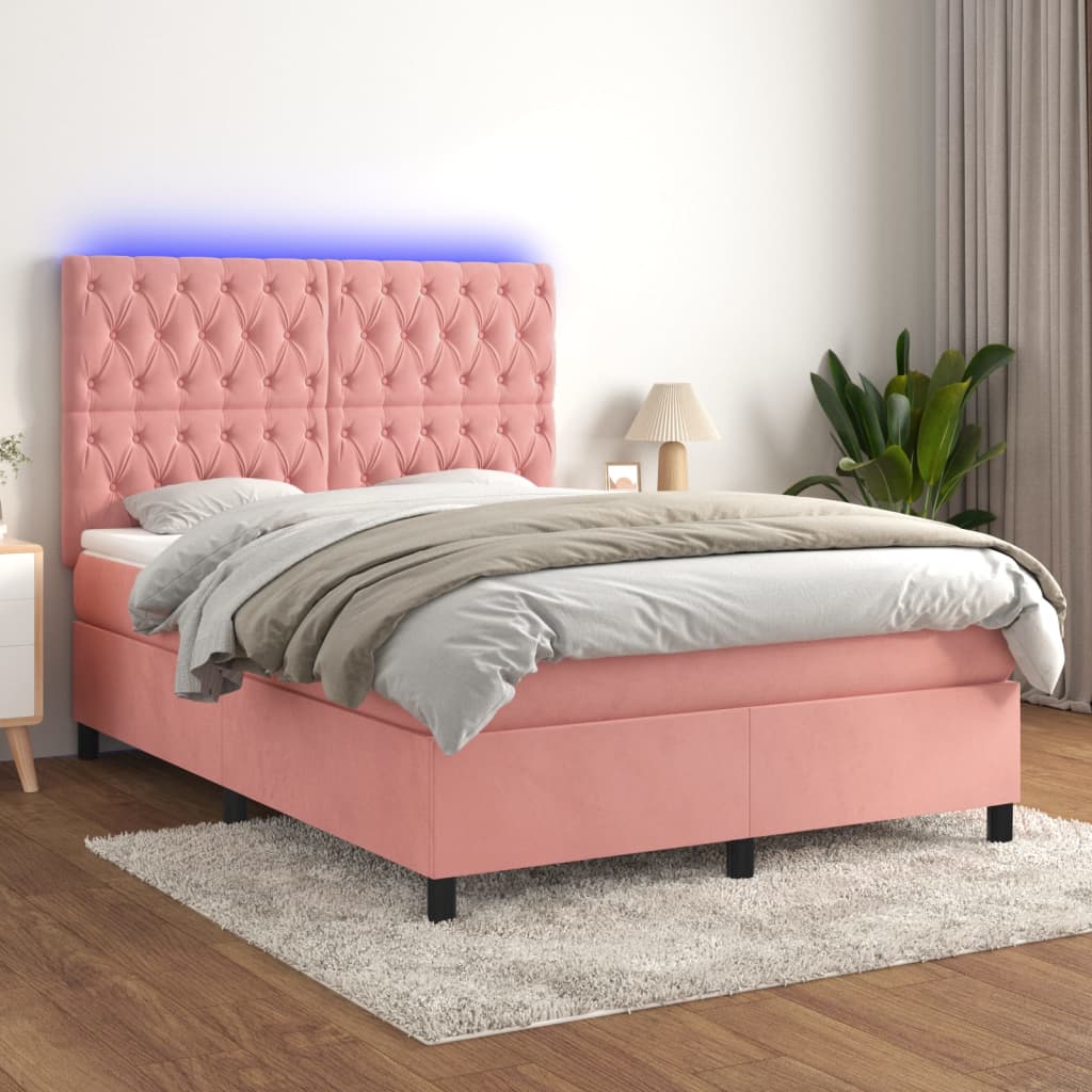 Box Spring Postel S Matrací A Led Samet Růžová