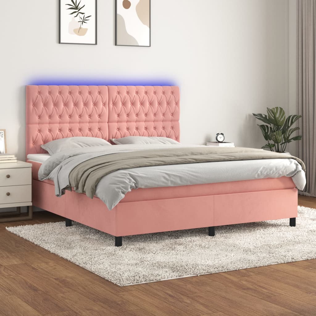 Box Spring Postel S Matrací A Led Samet Růžová