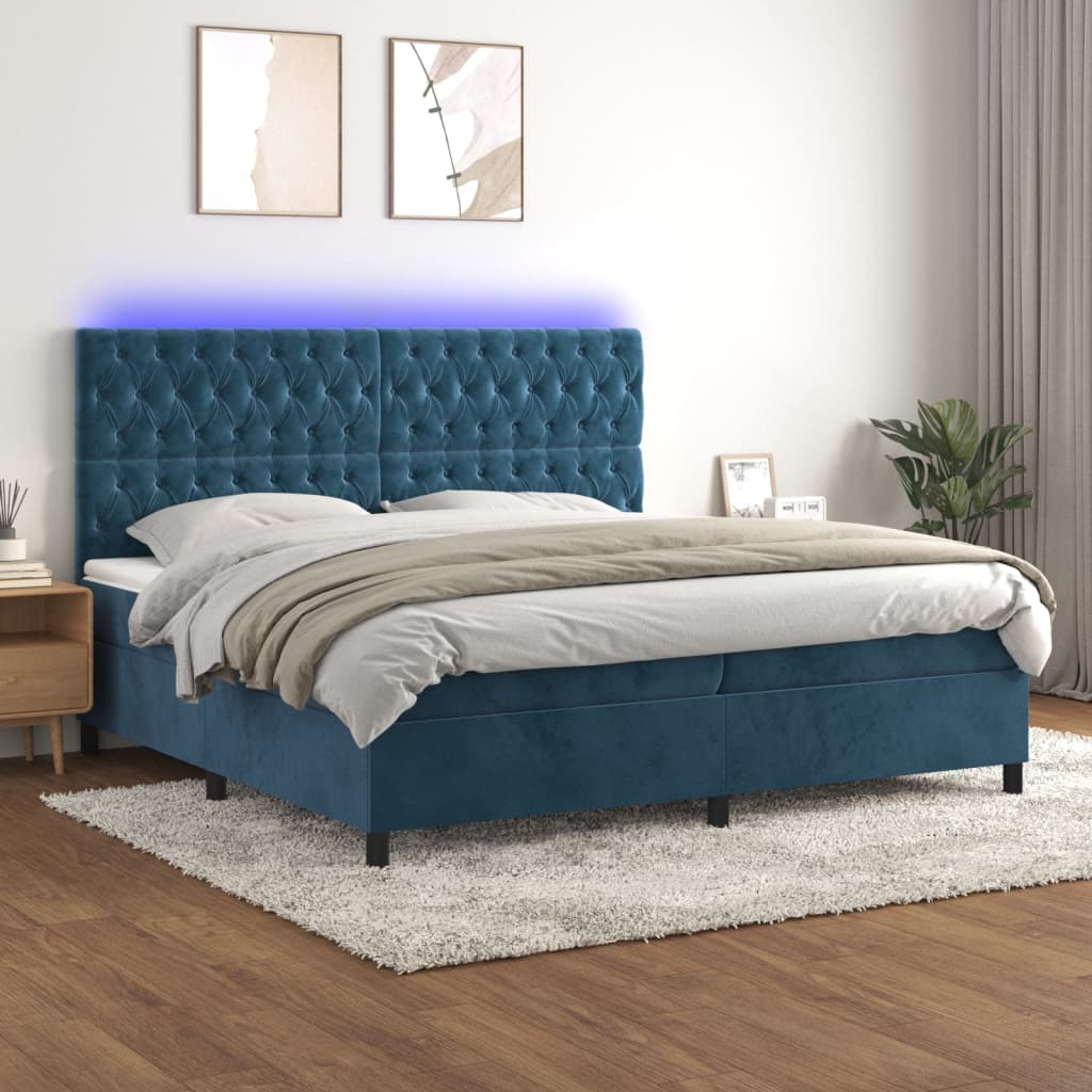Box Spring Postel S Matrací A Led Tmavě Modrá Samet Tmavě Moddrá