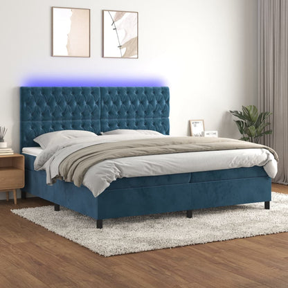Box Spring Postel S Matrací A Led Tmavě Modrá Samet Tmavě Moddrá