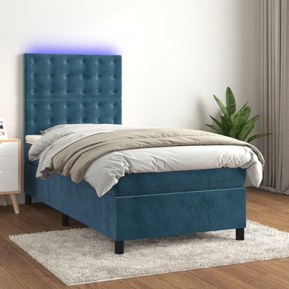 Box Spring Postel S Matrací A Led Tmavě Modrá Samet Tmavě Moddrá