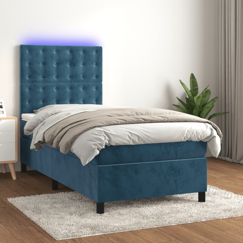 Box Spring Postel S Matrací A Led Tmavě Modrá Samet Tmavě Moddrá