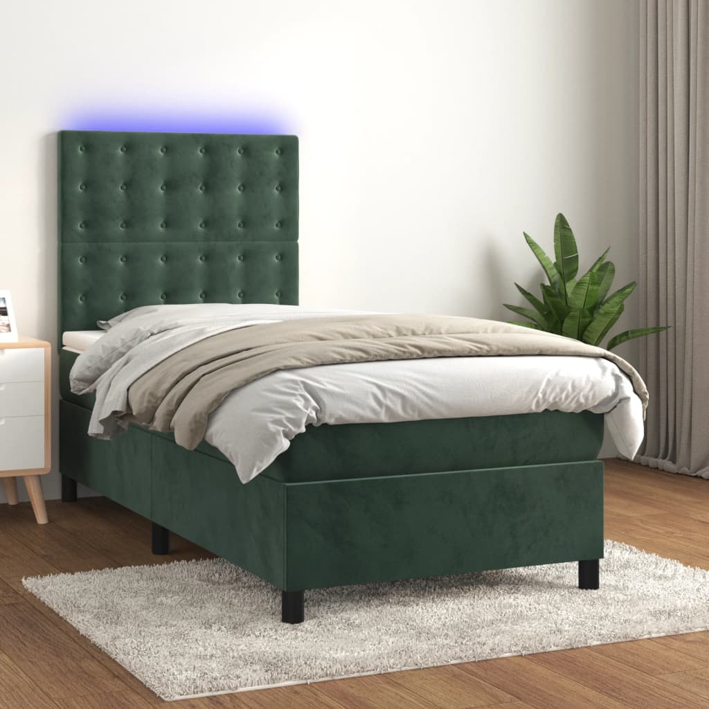 Box Spring Postel S Matrací A Led Samet Tmavě Zelená
