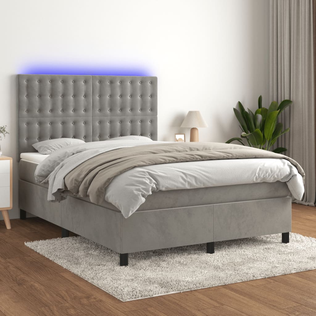 Box Spring Postel S Matrací A Led Samet Světle Šedá