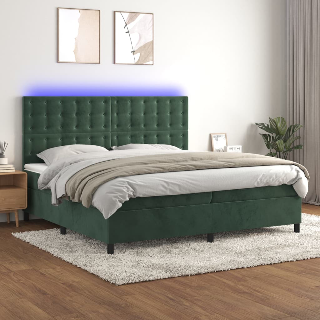 Box Spring Postel S Matrací A Led Samet Tmavě Zelená
