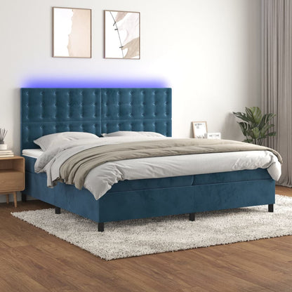 Box Spring Postel S Matrací A Led Tmavě Modrá Samet Tmavě Moddrá