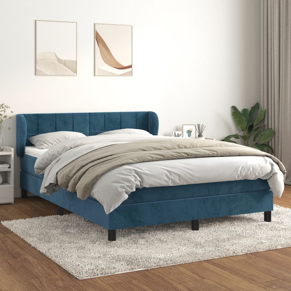 Box Spring Postel S Matrací Tmavě Modrá Samet Tmavě Moddrá
