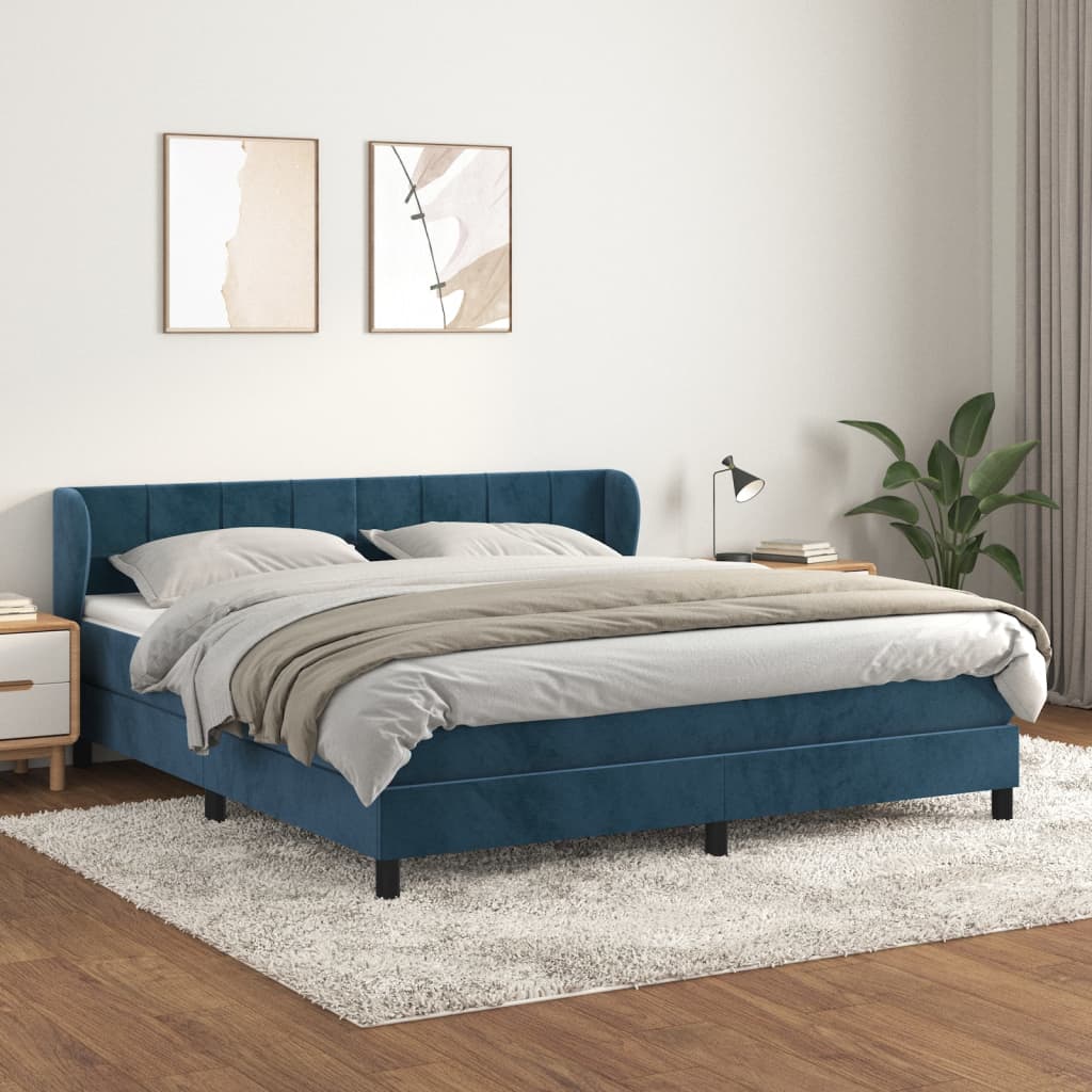 Box Spring Postel S Matrací Tmavě Modrá Samet Tmavě Moddrá