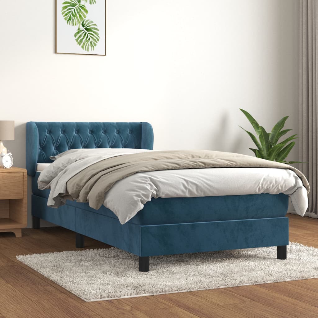 Box Spring Postel S Matrací Tmavě Modrá Samet Tmavě Moddrá