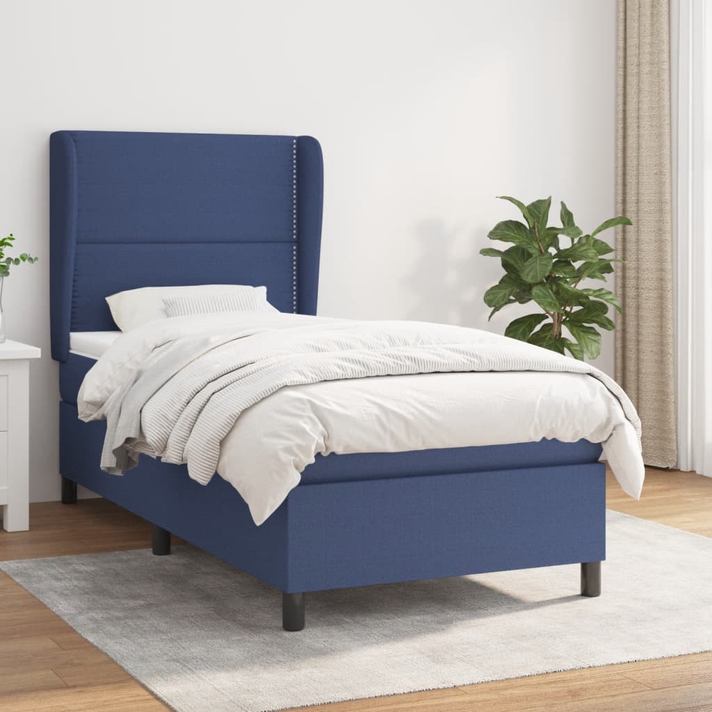 vidaXL Box spring postel s matrací textil modrá - Hladké s hřebíky / 100 x 200 cm