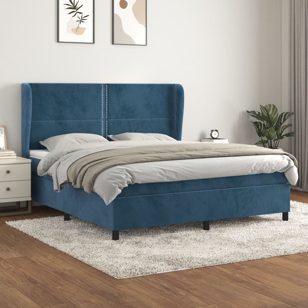 Box Spring Postel S Matrací Tmavě Modrá Samet Tmavě Moddrá
