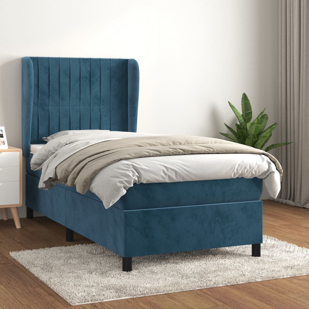 Box Spring Postel S Matrací Tmavě Modrá Samet Tmavě Moddrá