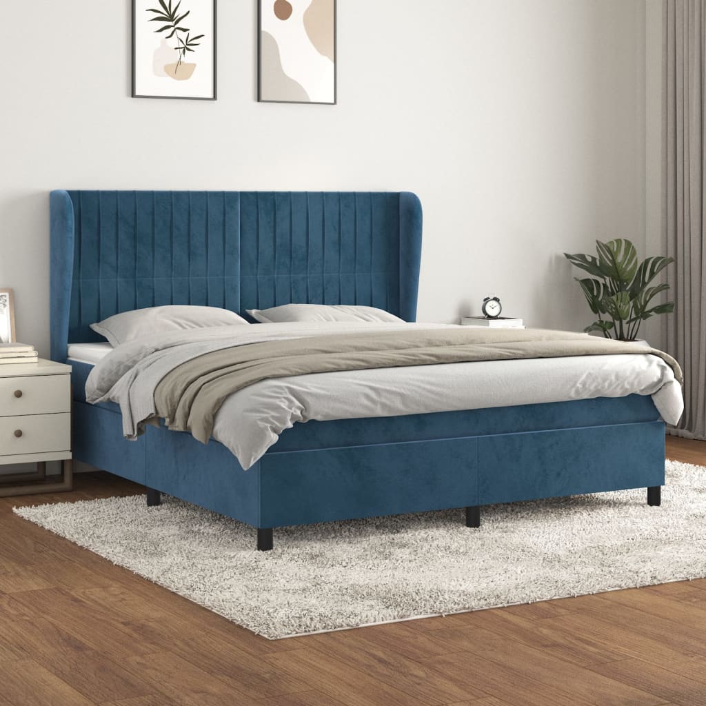 Box Spring Postel S Matrací Tmavě Modrá Samet Tmavě Moddrá
