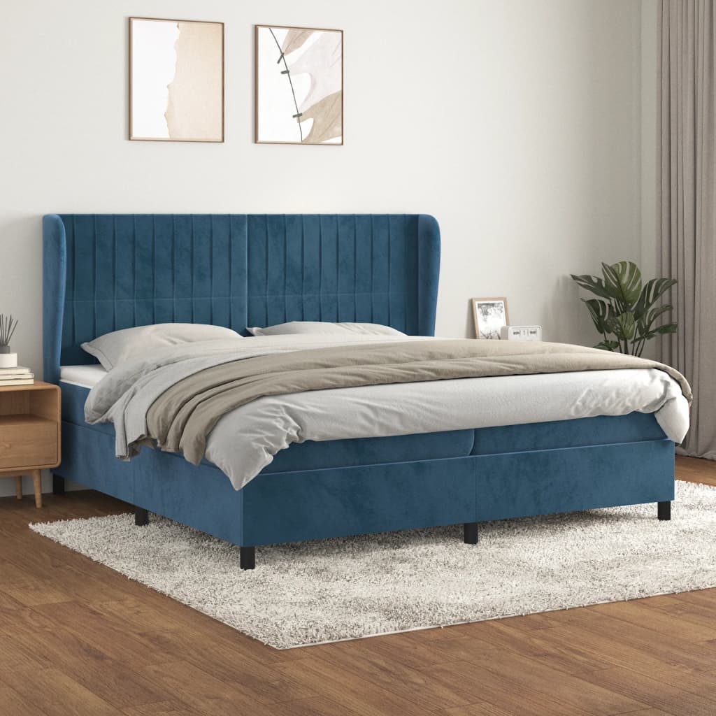 Box Spring Postel S Matrací Tmavě Modrá Samet Tmavě Moddrá