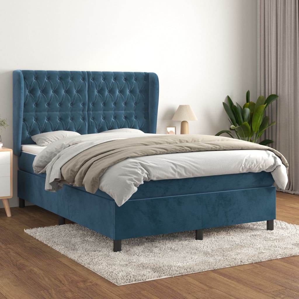 Box Spring Postel S Matrací Tmavě Modrá Samet Tmavě Moddrá