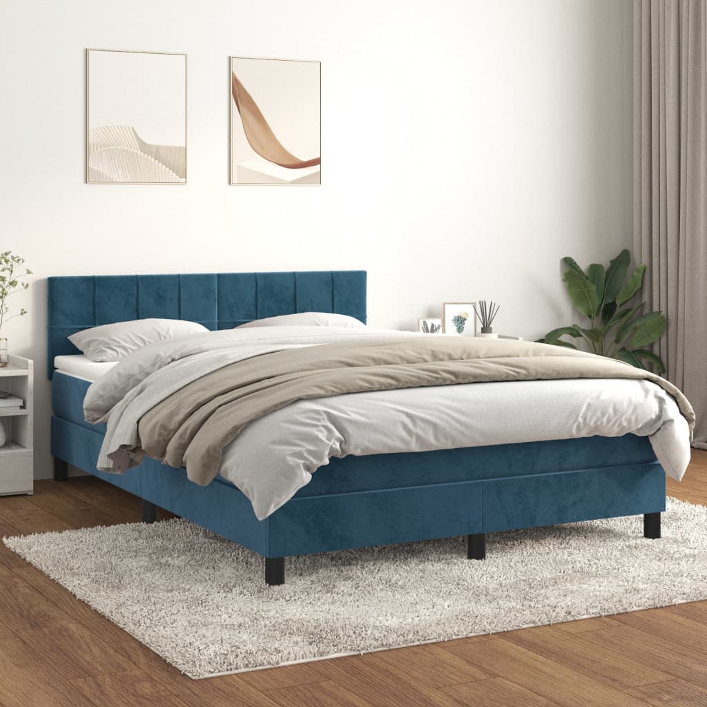 Box Spring Postel S Matrací Tmavě Modrá 140X190 Cm Samet