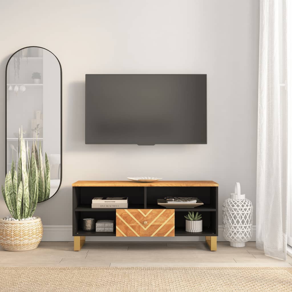 Tv Skříňka Hnědá A Černá 100 X 33,5 X 46 Cm Masivní Mangovník