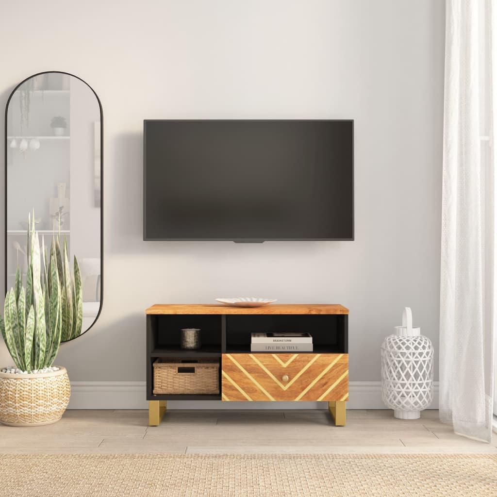 Tv Skříňka Hnědá A Černá 80 X 33,5 X 46 Cm Masivní Mangovník