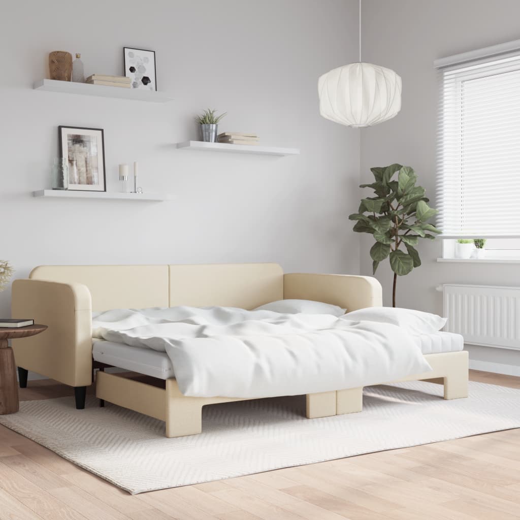 vidaXL Válenda textil krémová - s přistýlkou a matrací / 100 x 200 cm