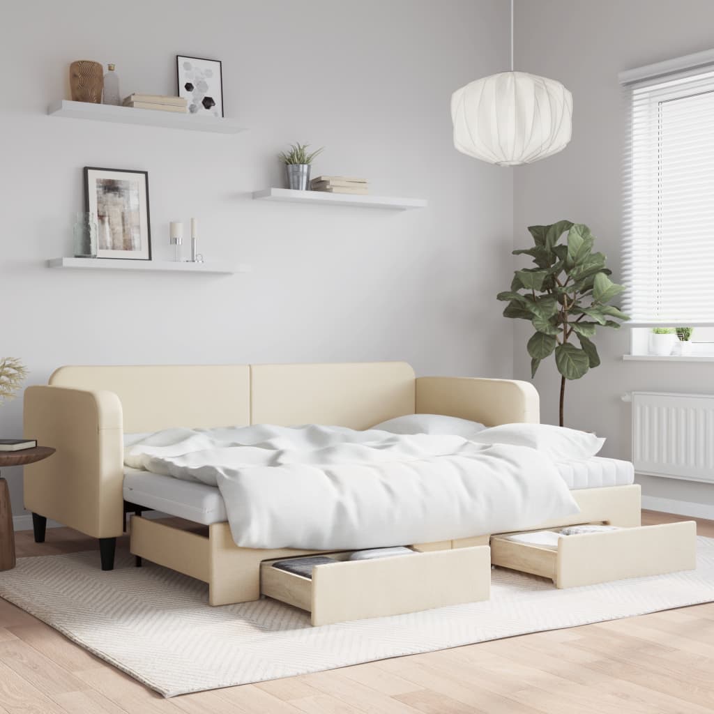 vidaXL Válenda textil krémová - s přistýlkouzásuvkou a matrací / 80 x 200 cm