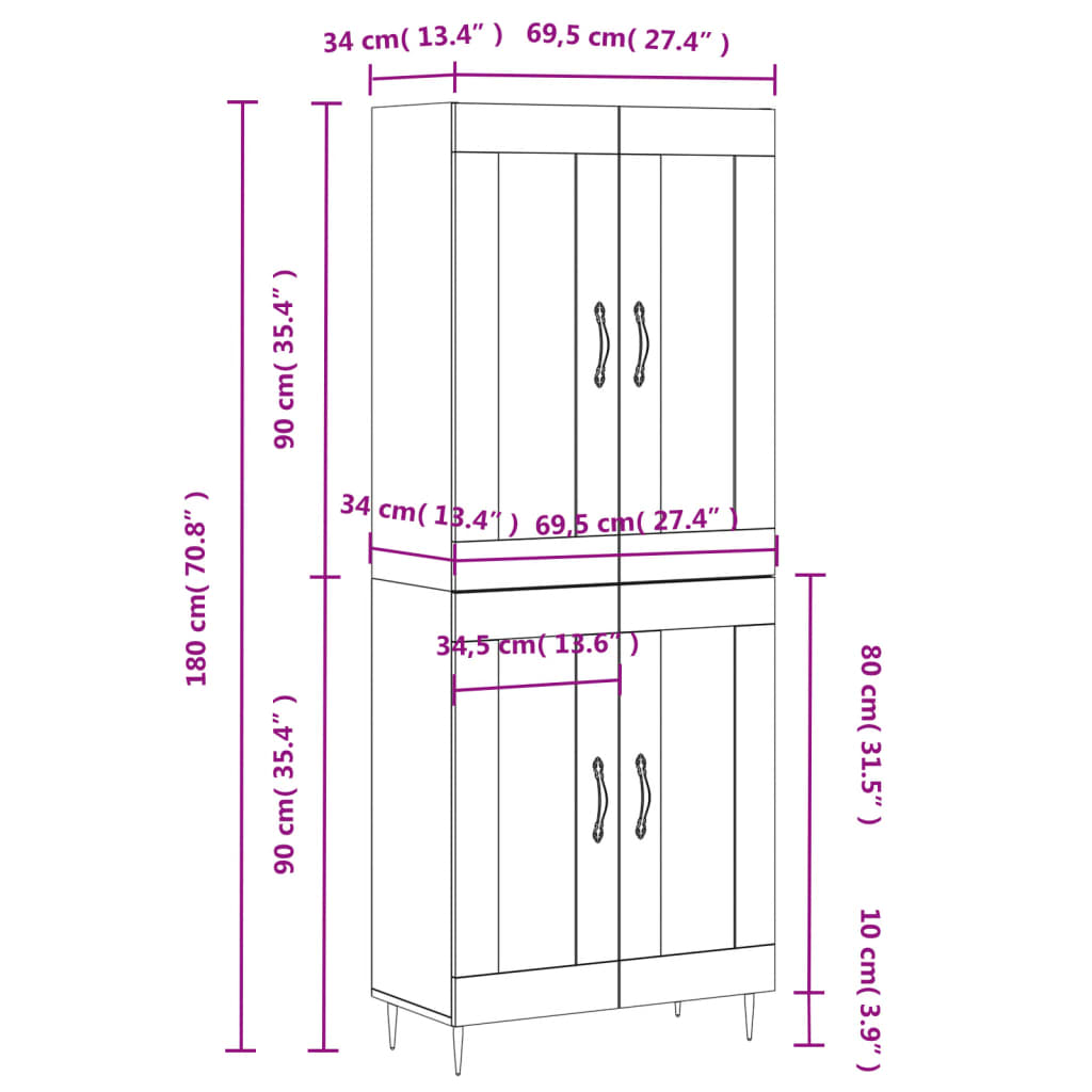 Skříň Highboard Dub Sonoma 69,5 X 34 X 180 Cm Kompozitní Dřevo