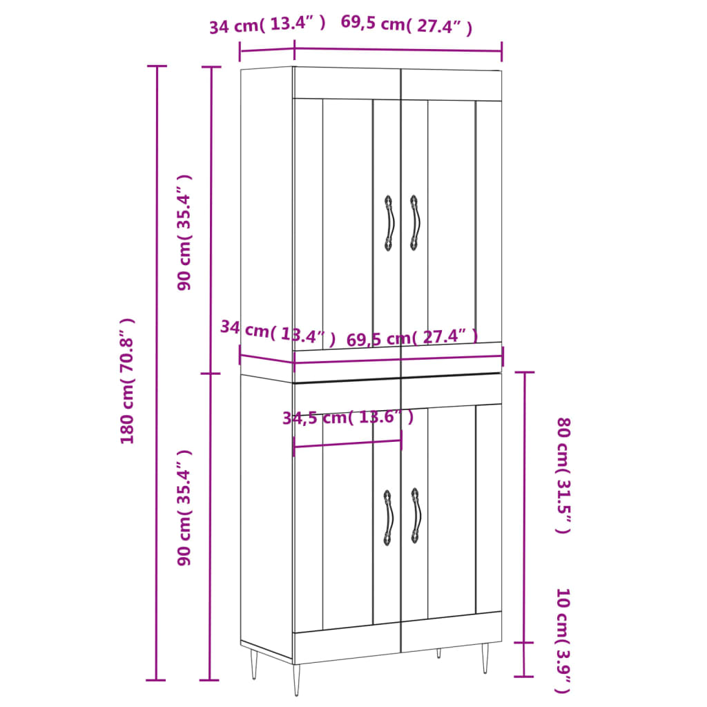 Skříň Highboard Betonově Šedá 69,5X34X180 Cm Kompozitní Dřevo