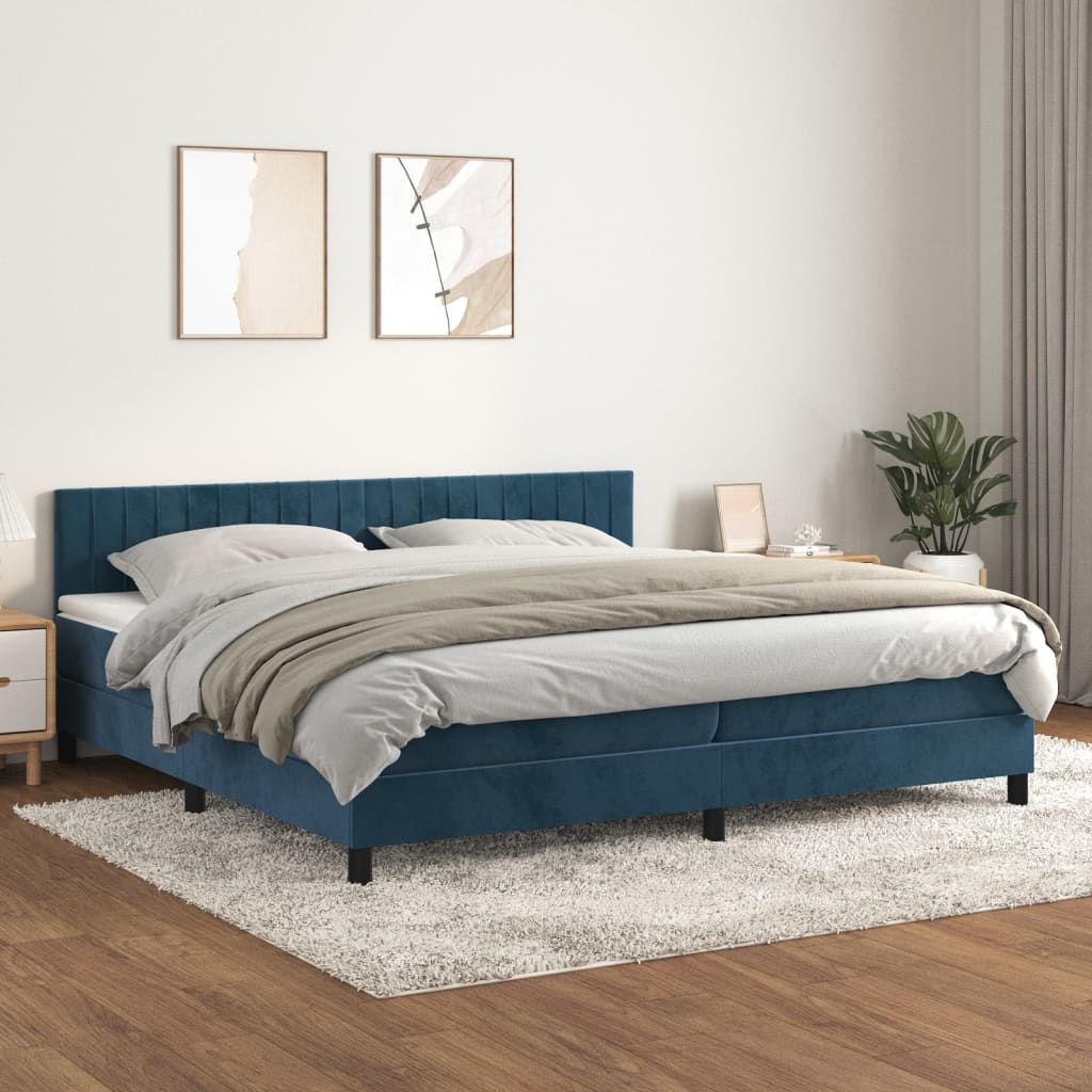Box Spring Postel S Matrací Tmavě Modrá 200X200 Cm Samet
