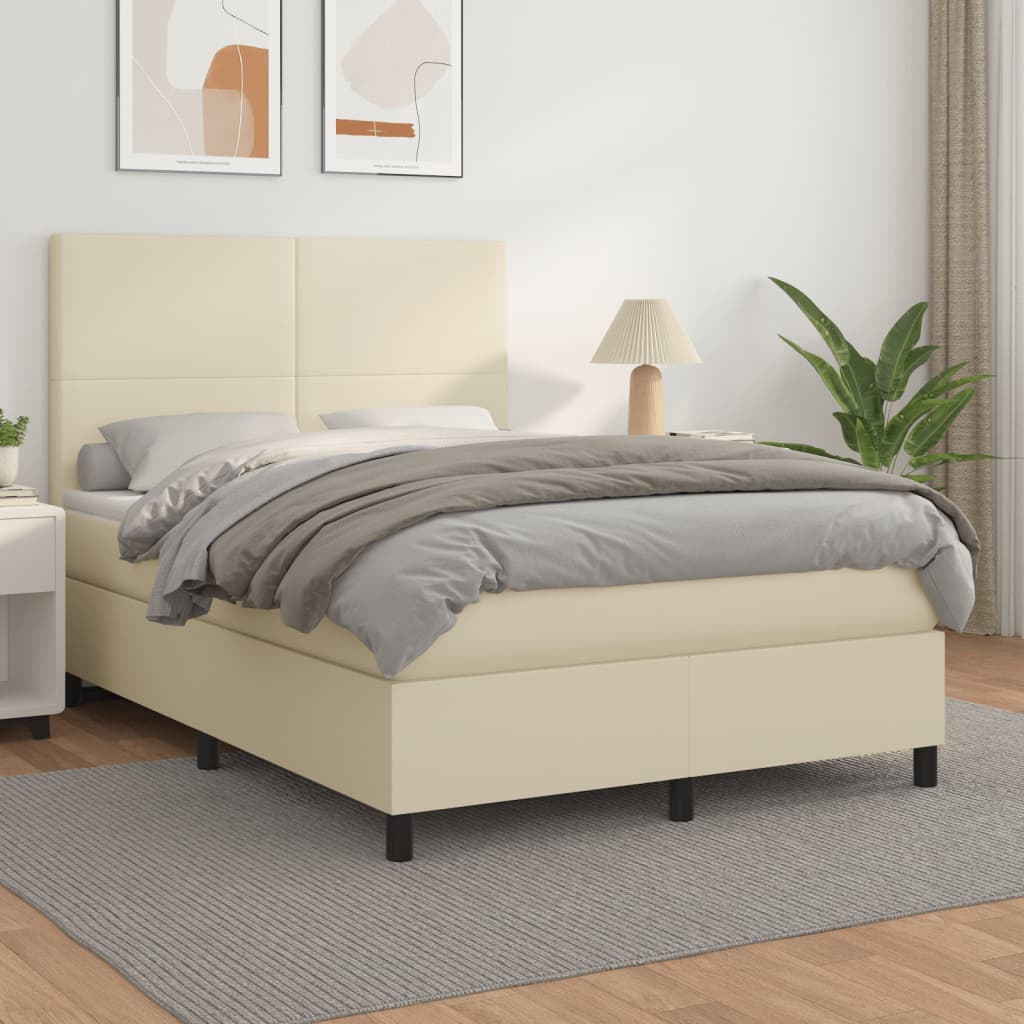 Box Spring Postel S Matrací Krémová 140X190 Cm Umělá Kůže