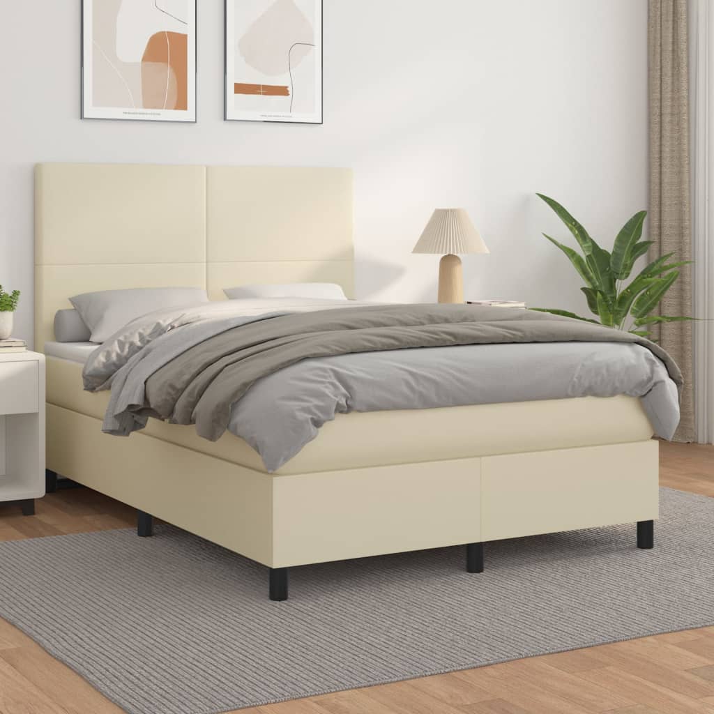 Box Spring Postel S Matrací Krémová 140X200 Cm Umělá Kůže