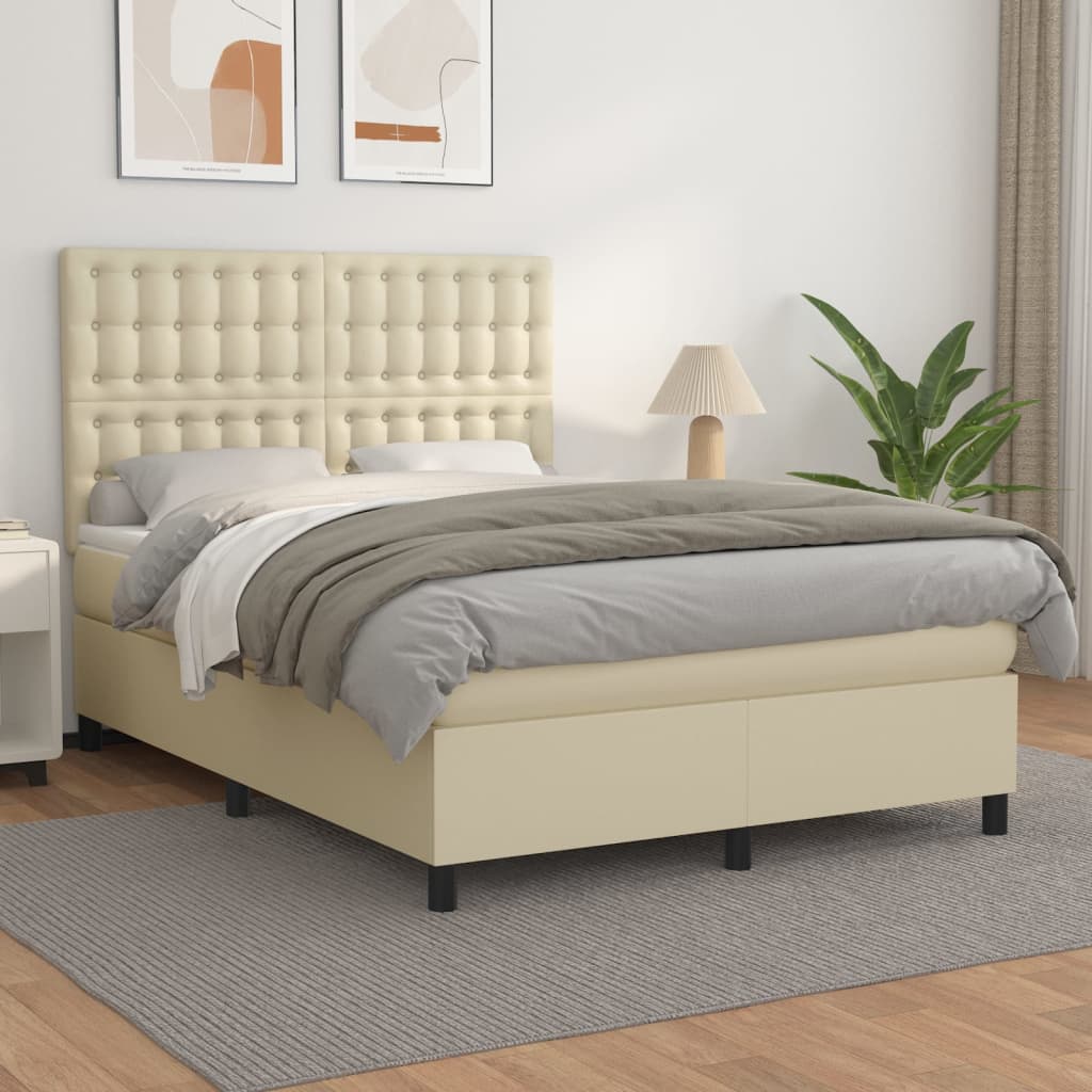 Box Spring Postel S Matrací Krémová 140X190 Cm Umělá Kůže