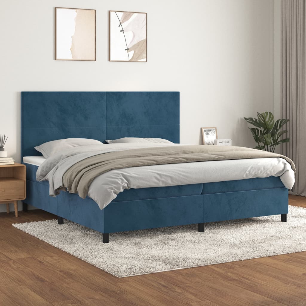 Box Spring Postel S Matrací Tmavě Modrá Samet Tmavě Moddrá