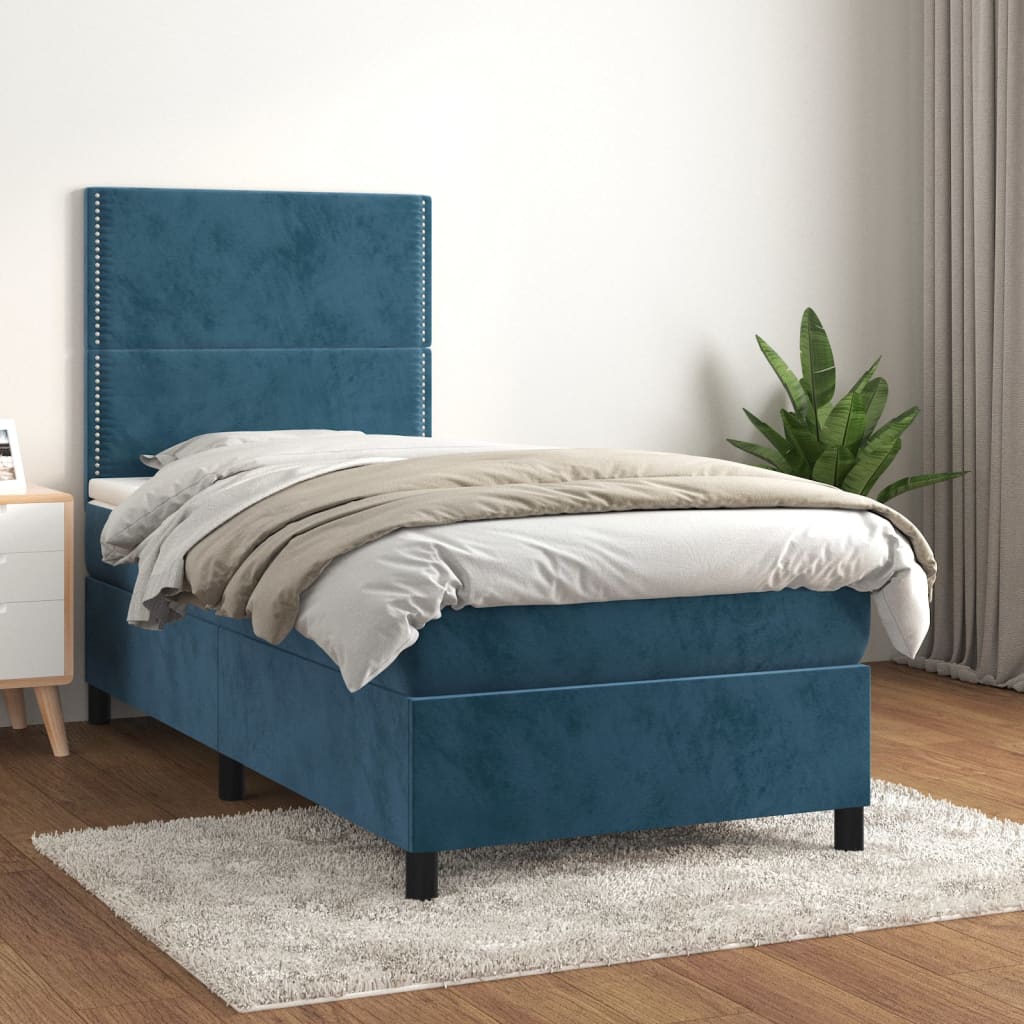 Box Spring Postel S Matrací Tmavě Modrá Samet Tmavě Moddrá