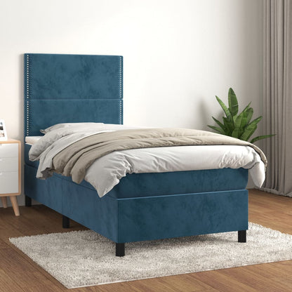 Box Spring Postel S Matrací Tmavě Modrá Samet Tmavě Moddrá