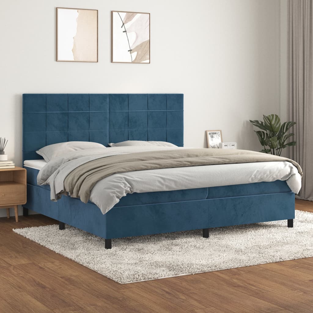 Box Spring Postel S Matrací Tmavě Modrá Samet Tmavě Moddrá