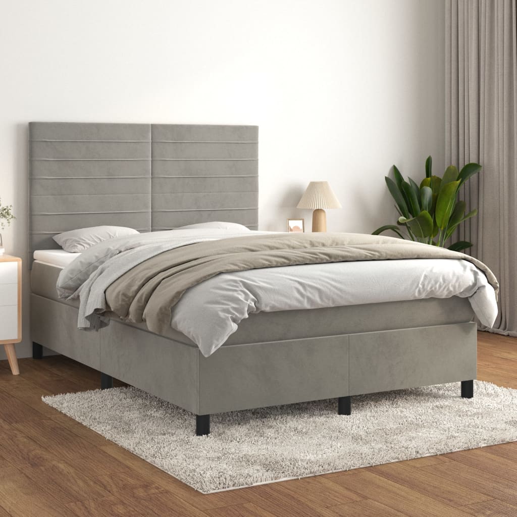 Box Spring Postel S Matrací Samet Světle Šedá