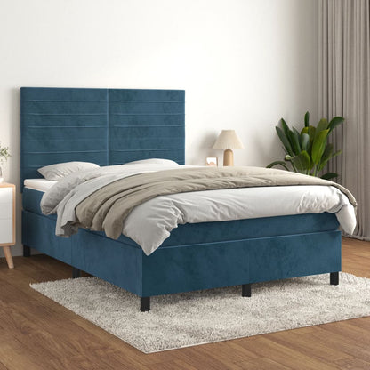 Box Spring Postel S Matrací Tmavě Modrá Samet Tmavě Moddrá
