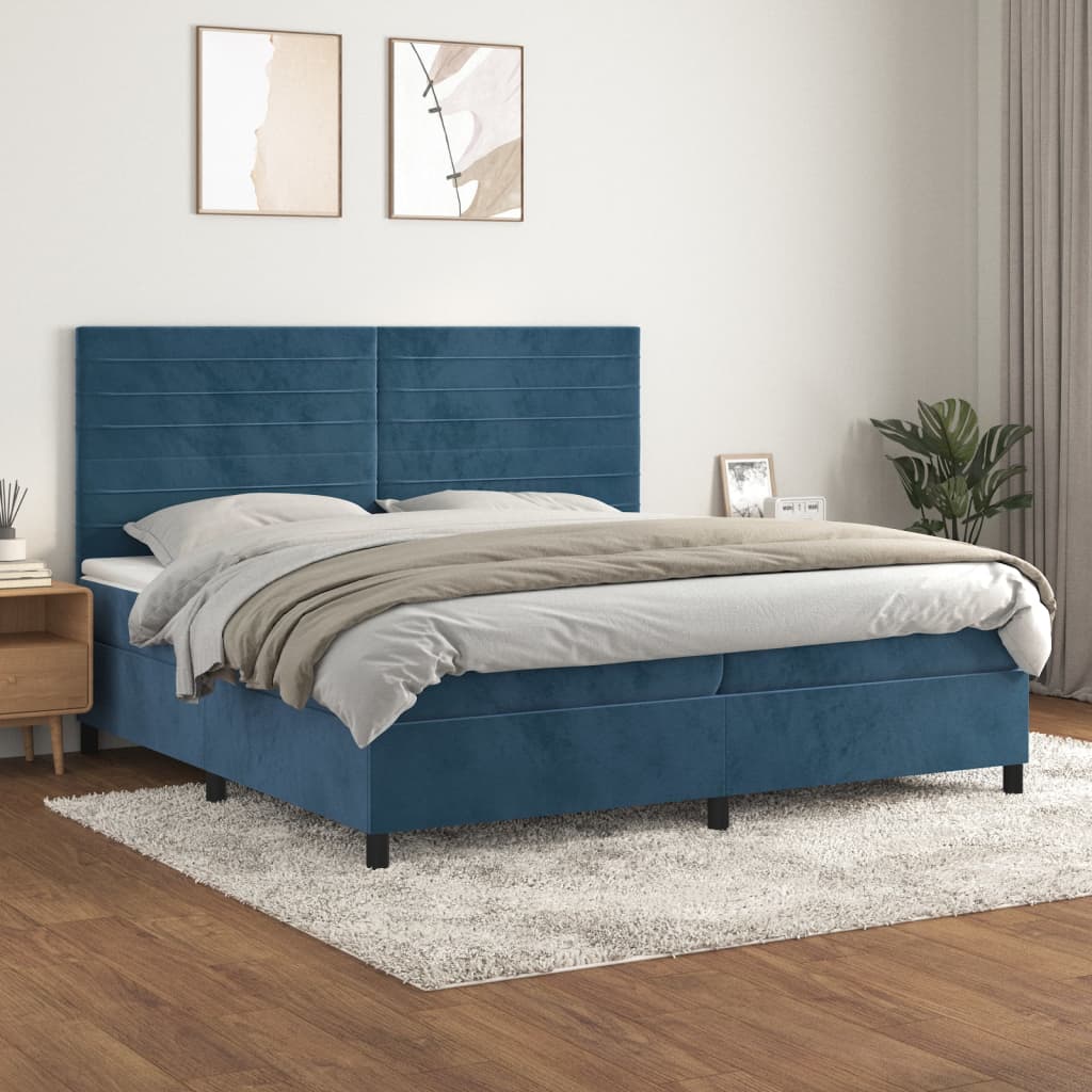 Box Spring Postel S Matrací Tmavě Modrá Samet Tmavě Moddrá