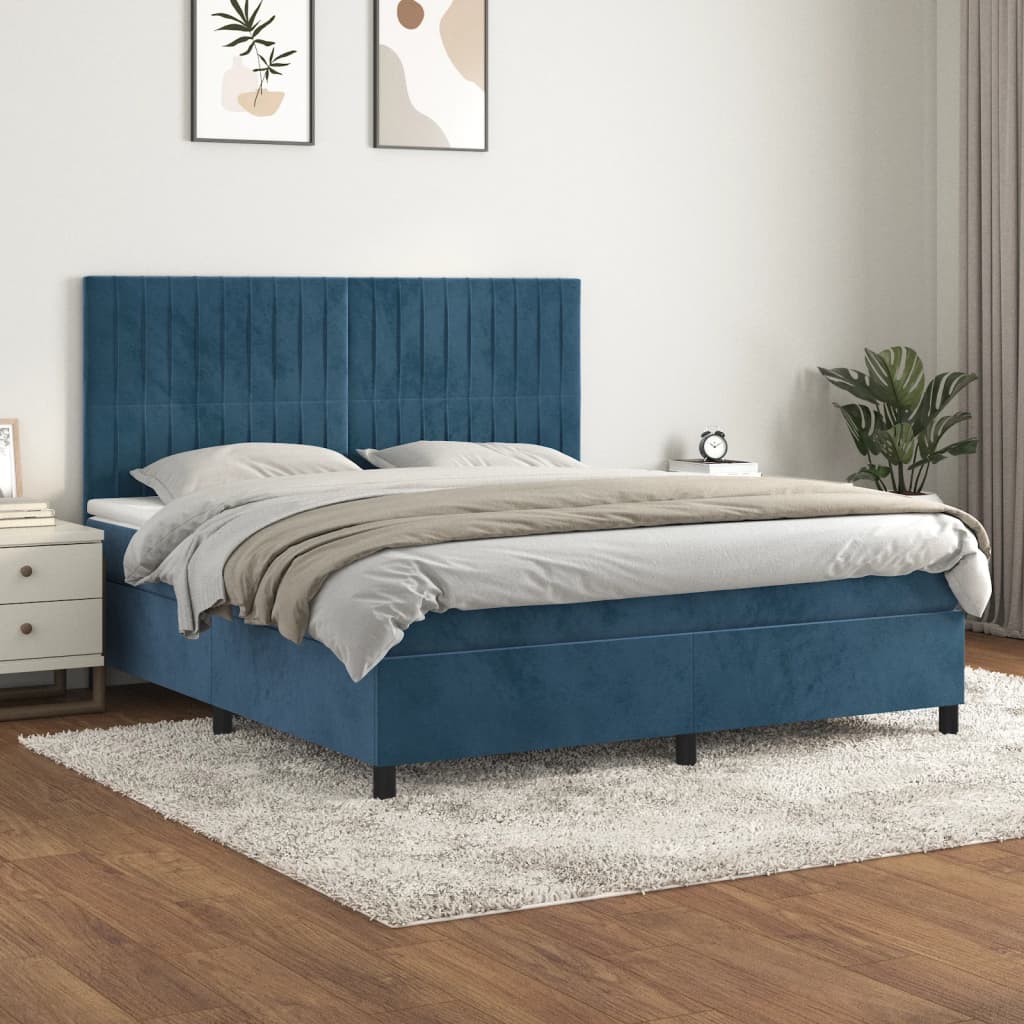 Box Spring Postel S Matrací Tmavě Modrá Samet Tmavě Moddrá