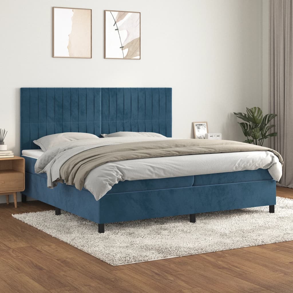Box Spring Postel S Matrací Tmavě Modrá Samet Tmavě Moddrá