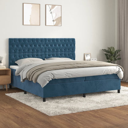 Box Spring Postel S Matrací Tmavě Modrá Samet Tmavě Moddrá