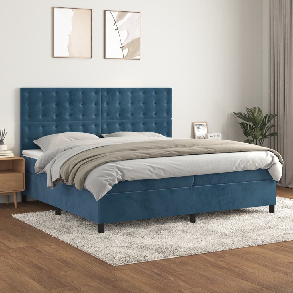 Box Spring Postel S Matrací Tmavě Modrá Samet Tmavě Moddrá