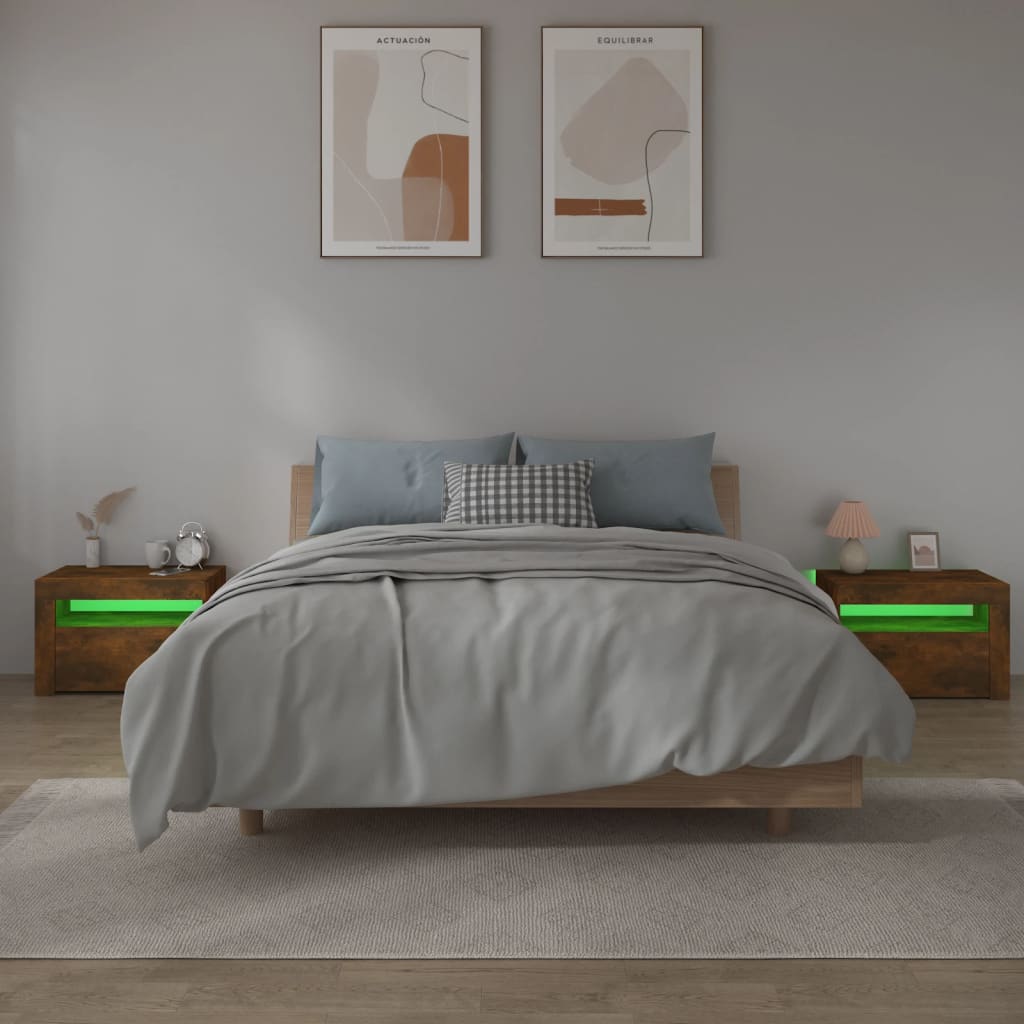 Noční Stolky 2 Ks S Led Osvětlením Kouřový Dub 60 X 35 X 40 Cm