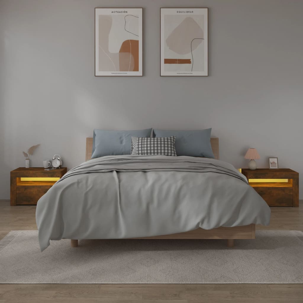 Noční Stolky 2 Ks S Led Osvětlením Kouřový Dub 60 X 35 X 40 Cm